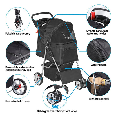 Foldable Pet Stroller, Cat/Dog Stroller with 4 Wheel, Pet Travel Carrier Strolling Cart with Storage Basket, Cup Holder, Black