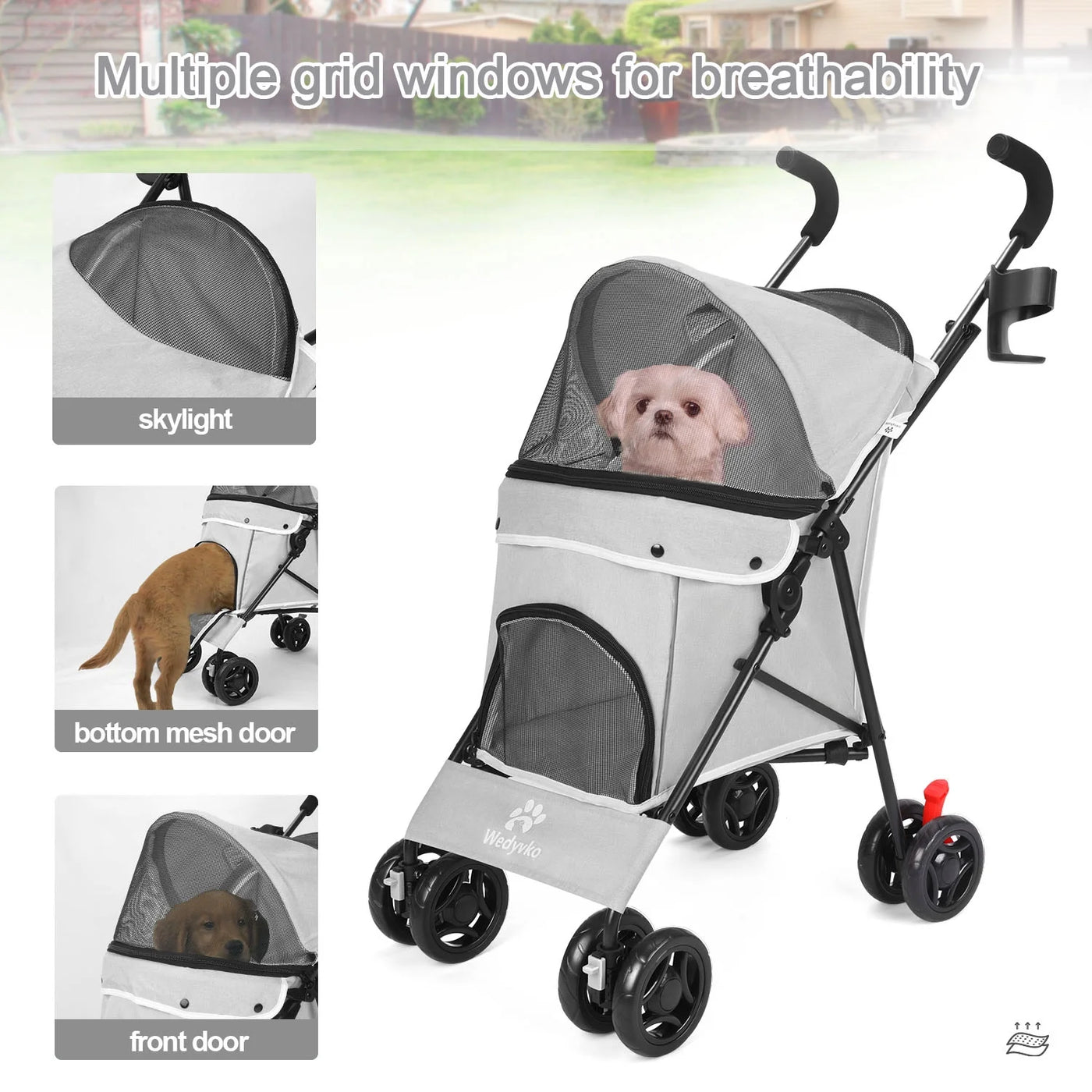 4 Wheel Foldable Cat Dog Stroller with Storage Basket, Handle 360° Front Wheel Rear Wheel with Brake for Small Medium Dogs & Cats-Gray