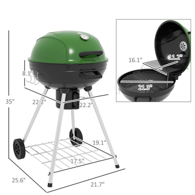 Outsunny 21" Kettle Charcoal BBQ Grill with Wheels, Barbecue, Green