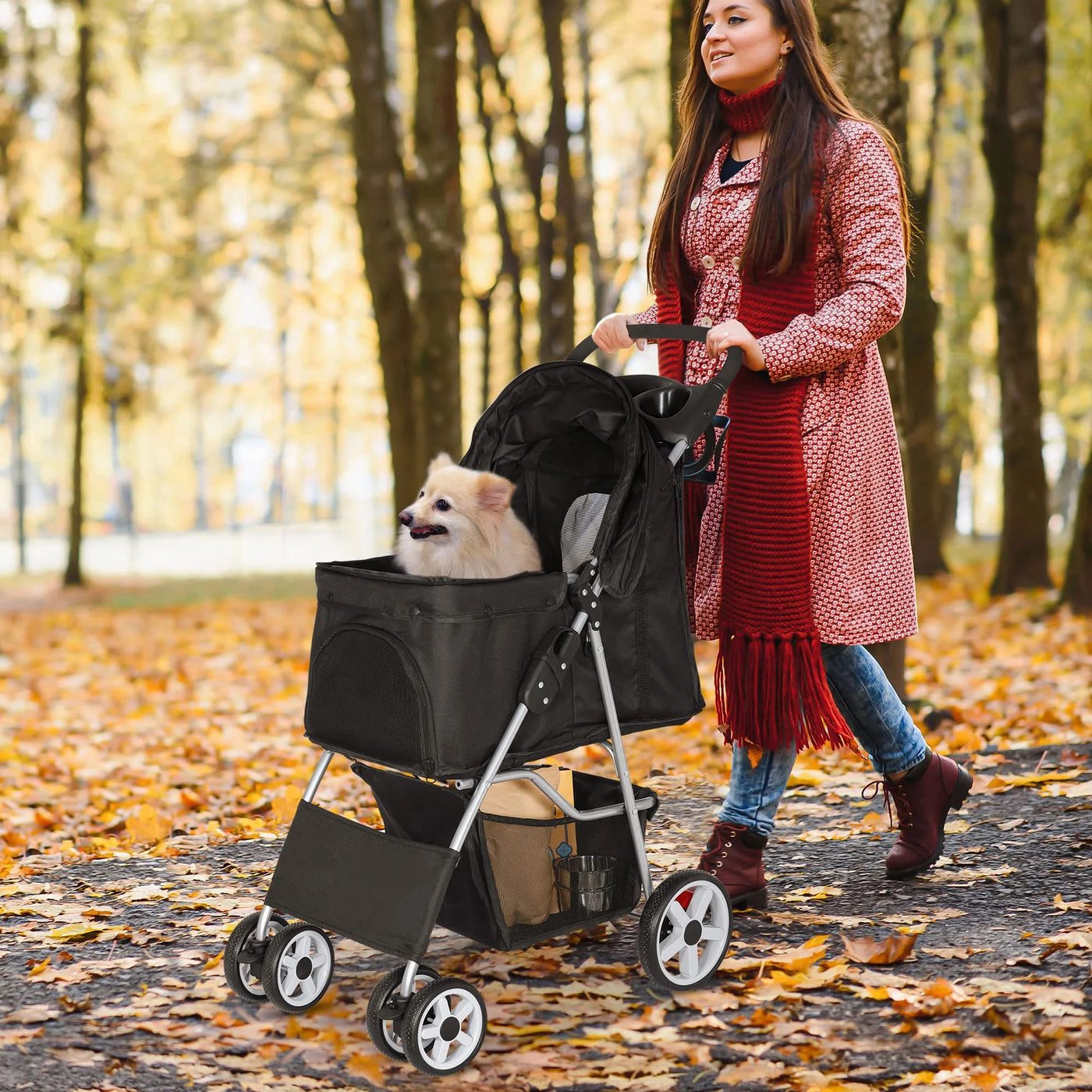 Pet Stroller 4 Wheels Dog Cat Stroller for Small Medium Dogs Cats Foldable Puppy Stroller with Storage Basket and Cup Holder