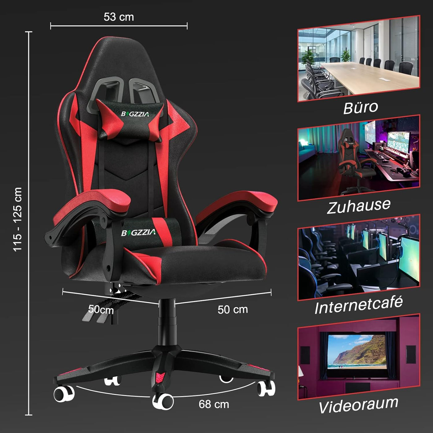 Bigzzia Gaming Chair Office Chair Reclining High Back Leather Adjustable Swivel Rolling Ergonomic Video Game Chairs Racing Chair Computer Desk Chair with Headrest and Lumbar Support (Black/Red)