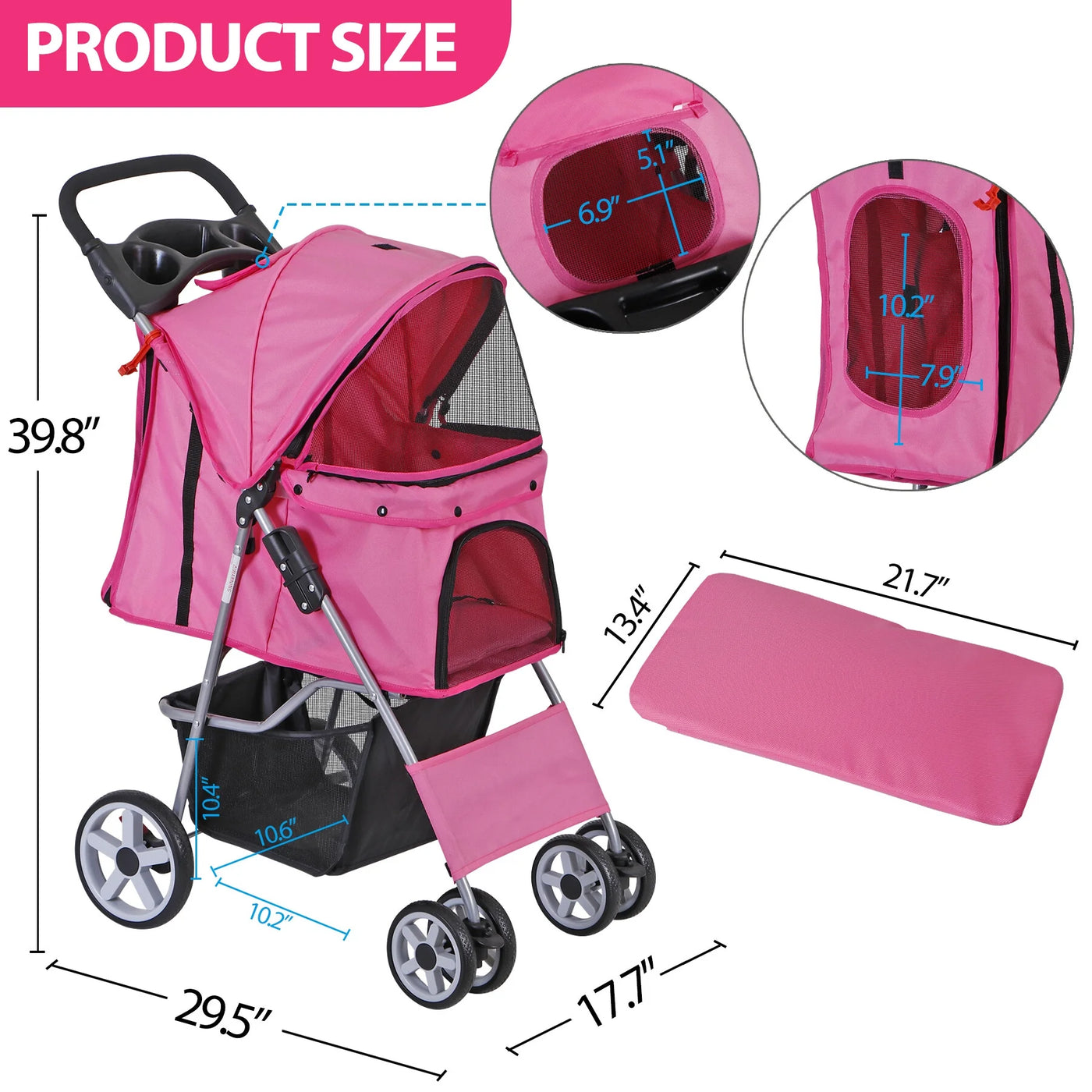 ZENSTYLE 4 Wheels Pet Stroller Foldable Carrier Strolling Cart for Cat Dog w/ Storage Basket Pink