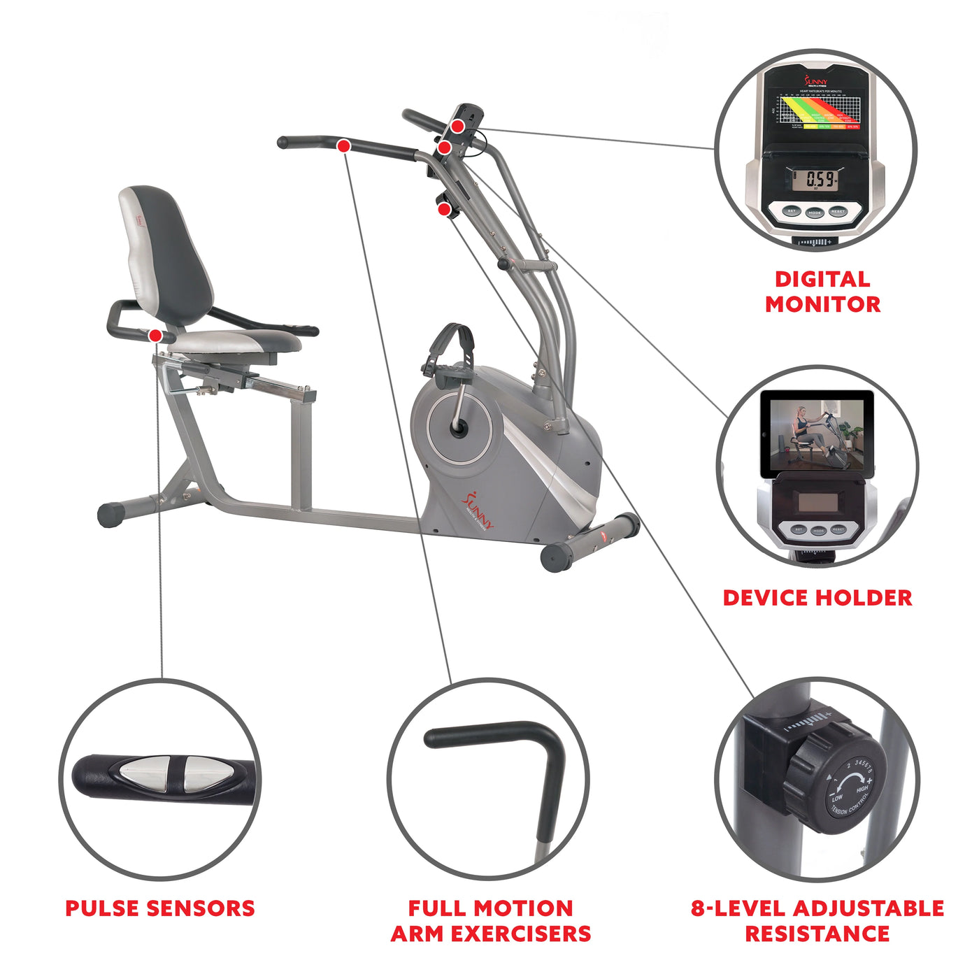 Sunny Health & Fitness Cross Trainer Magnetic Recumbent Bike with Arm Exercisers - SF-RB4936