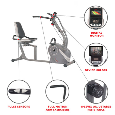 Sunny Health & Fitness Cross Trainer Magnetic Recumbent Bike with Arm Exercisers - SF-RB4936