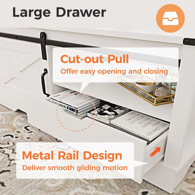 Farmhouse Coffee Table with Storage and Sliding Barn Door, 48'' Rustic Table with Open Shelves, Rectangular Center Table for Living Room, White