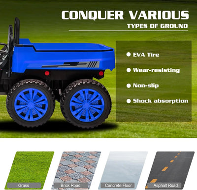 Track 7 24V Ride on Dump Truck, 2-Seater Ride on Car with Remote Control, 6 Wheels Electric Tractor with Dump Bed, Music, Shift Lever, 4WD off-Road UTV, Blue