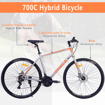 28 inch Hybrid Bike Men, Road Bike with Shimano 21 Speed, 700C Wheels, Comfort Adult Bicycle with Dual Disc Brake, 21'' Lightweight Aluminium Frame, Suggested Rider 5'6" to 6'2" Tall- Silver+Orange