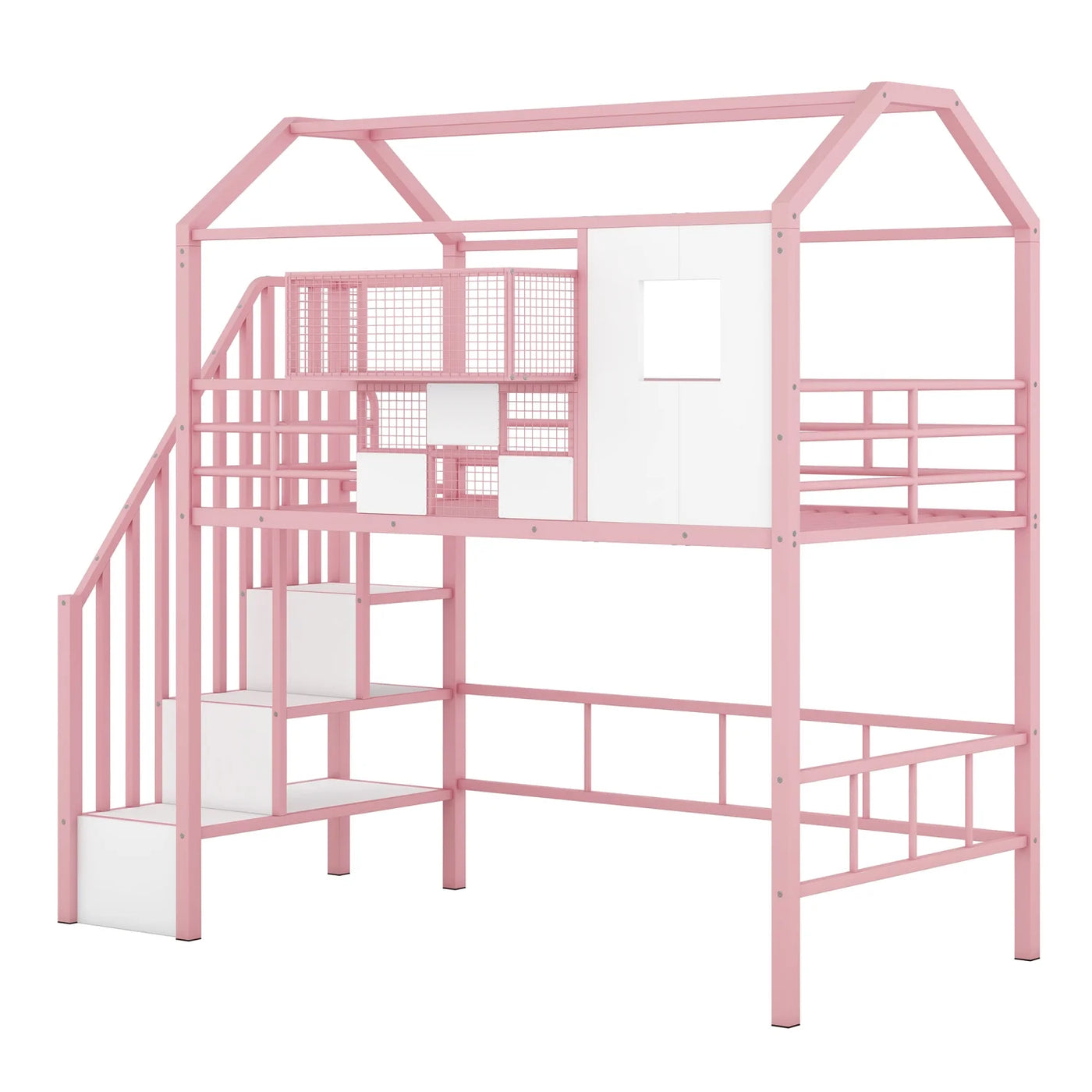 Pink Twin Metal Loft Bed with Unique Roof Design and Convenient Storage Box for Kids‘ Bedroom. Add Charm and Style to Your Child‘s Room with this Space-saving and Chic Furniture Piece.