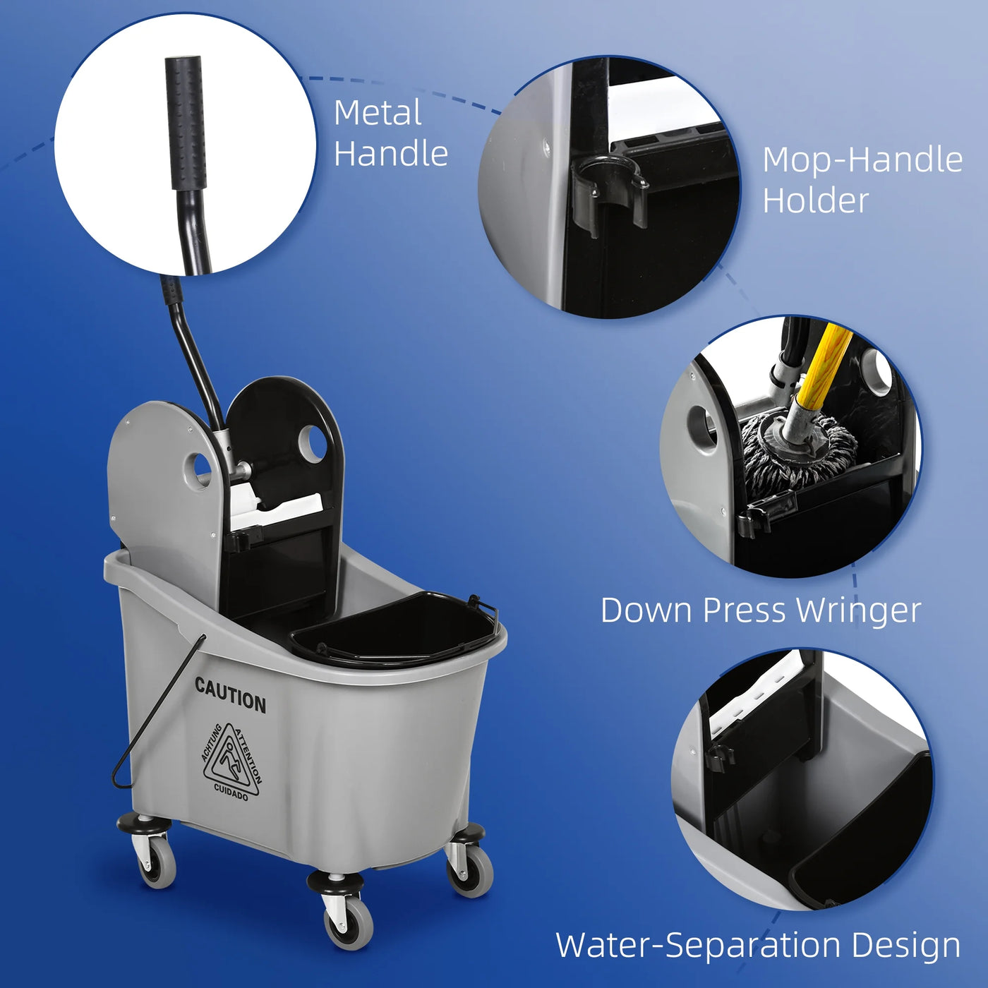 HOMCOM 9.5 Gallon (38 Quart) Mop Bucket with Wringer Cleaning Cart, 4 Moving Wheels, 2 Separate Buckets, & Mop-Handle Holder, Grey