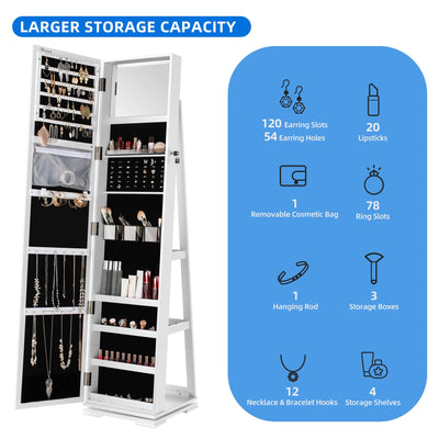 Dextrus Mirror Jewelry Cabinet 360° Rotating Jewelry Armoire Storage Box w/ Full Length Mirror Jewelry Organizer - White