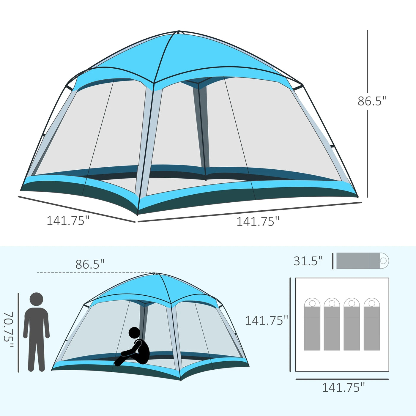 Outsunny 12' x 12' Screen House Room, 8 Person Camping Tent w/ Carry Bag and 4 Mesh Walls for Hiking, Backpacking, and Traveling, Easy Set Up, Sky Blue