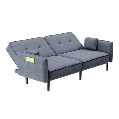 Modern Grey Fabric Futon Sofa Bed with Solid Wood Legs, Convertible Sleeper Sofa with Accent Pillows