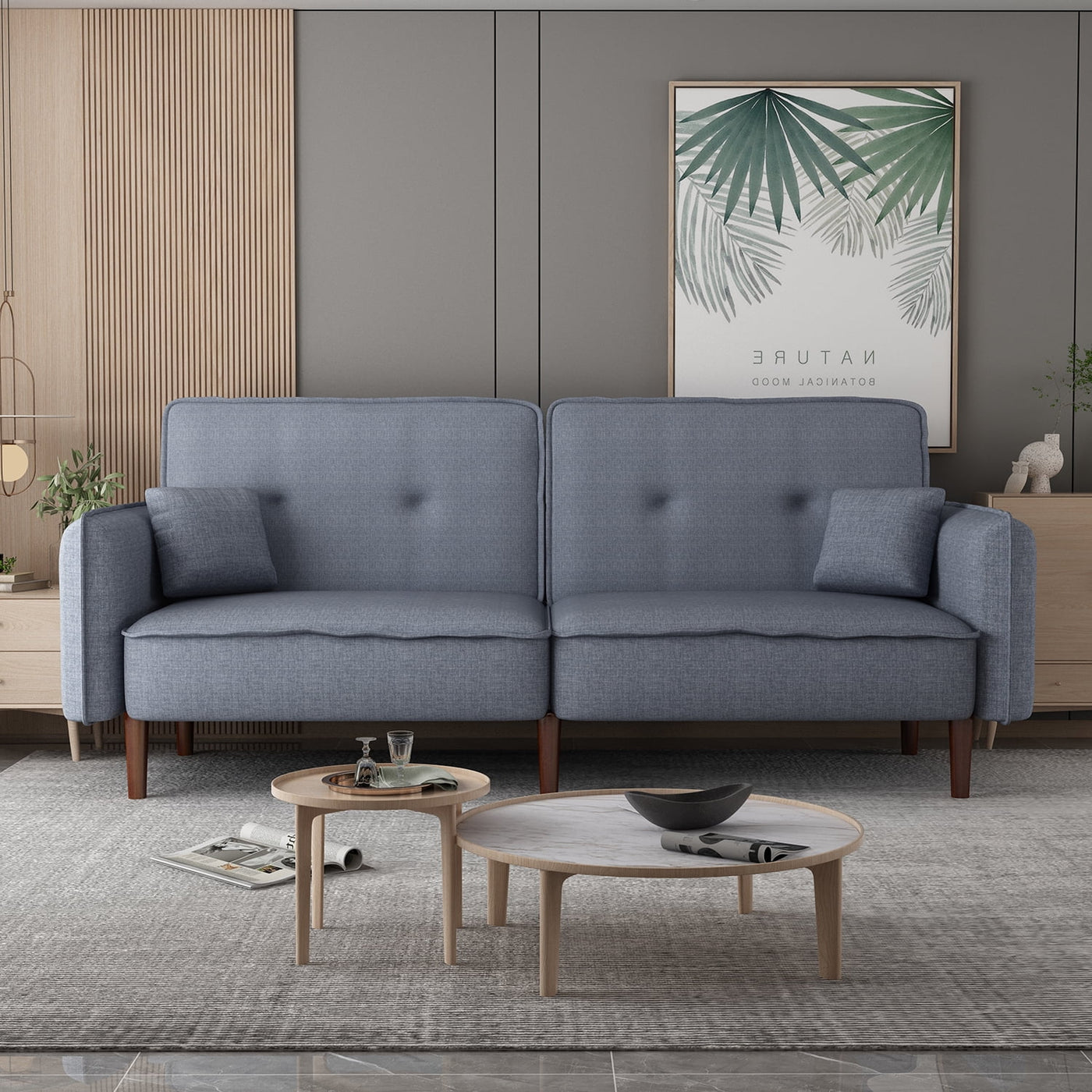 Modern Grey Fabric Futon Sofa Bed with Solid Wood Legs, Convertible Sleeper Sofa with Accent Pillows