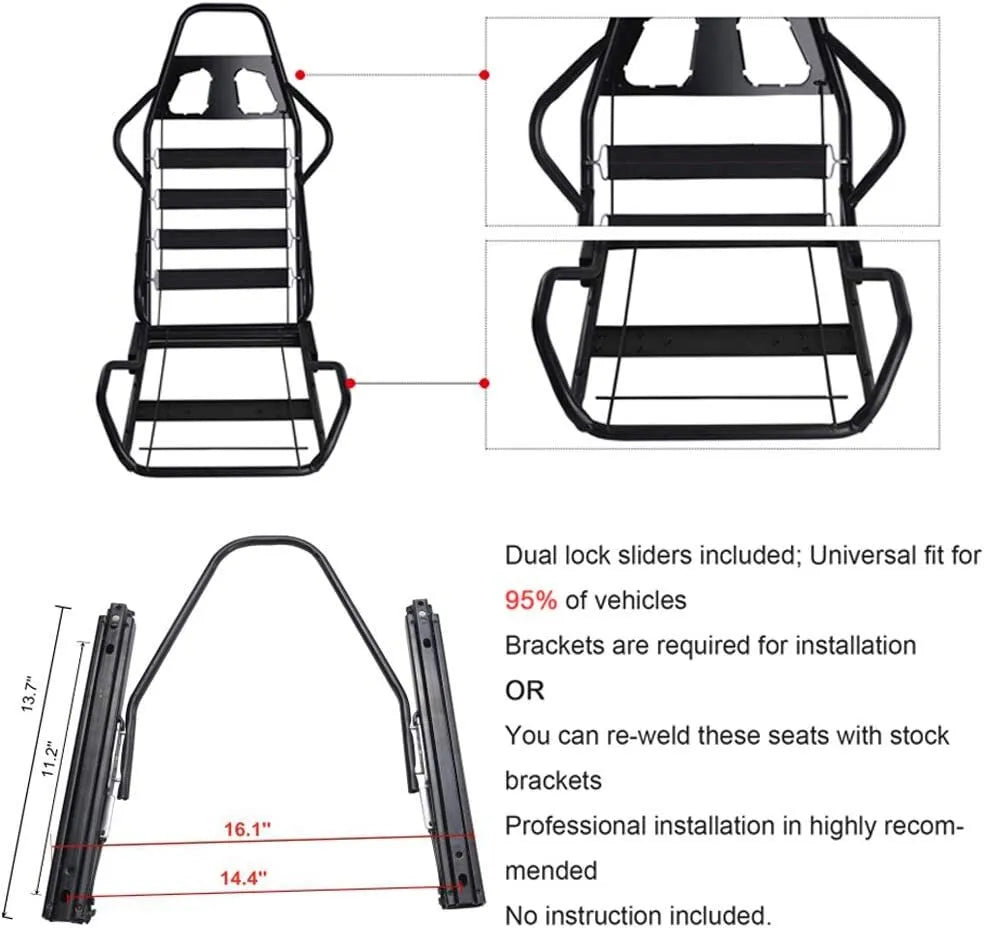 Universal Set of 2 Racing Seats Pair Black Leather Reclinable Bucket Sport Seats