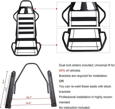 Universal Set of 2 Racing Seats Pair Black Leather Reclinable Bucket Sport Seats