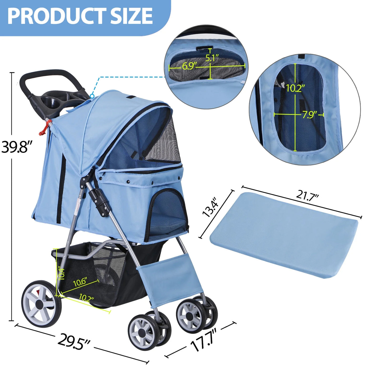 Foldable Carrier Strolling Cart 4 Wheel Pet Stroller for Cat, Dog w/ Cup Holder