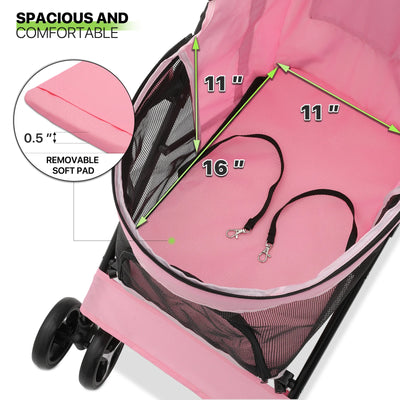 Magshion 4 Wheel Foldable Lightweight Dog Stroller for Small Medium Dogs, Pet Stroller, (Pink)