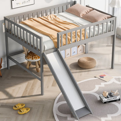 Gray Full Size Low Loft Bed with Fun Ladder and Slide for Kids‘ Bedroom Sturdy and Stylish Design Space-Saving Furniture Solution for Cozy Sleep and Play Area