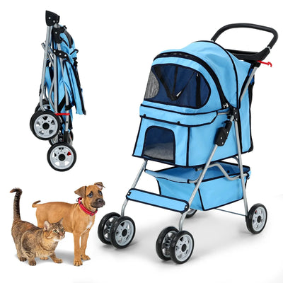 Dkelincs 4 Wheels Pet Stroller Folding Dog Cat Stroller Travel Carrier with Cup Holder & Storage Basket, Blue