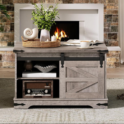 HOOBRO Farmhouse Coffee Table for Living Room with Single Sliding Barn Door Lift Top and Hidden Space Gray BG80KF01