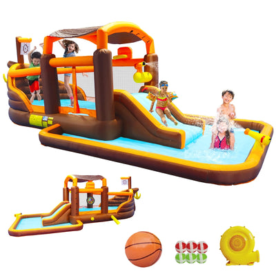 Track 7 Inflatable Water Park,Inflatable Big Bounce House Cruise Ship Pattern Slide Water Park Bouncer with Splash Pool & Basketball & Blower