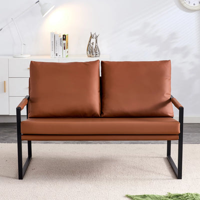 Wasait modern two-seater sofa chair with 2 pillows-PU leather, high-density foam, black coated metal frame. Brown SF-D008