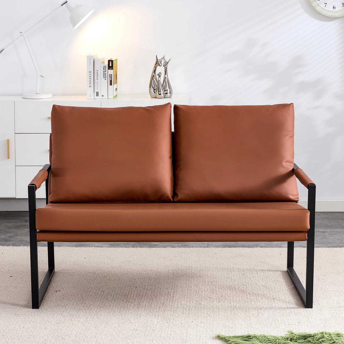 Modern Two-Seater Sofa Chair with 2 Pillows - PU Leather, High-Density Foam, Black Coated Metal Frame.Brown SF-D008