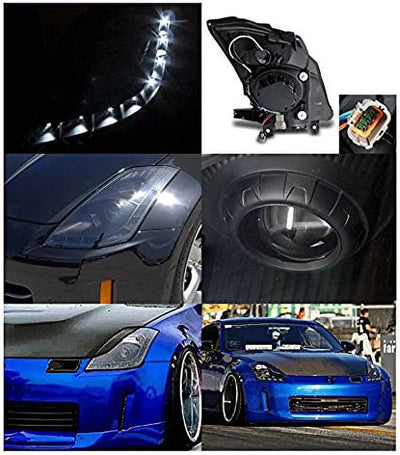 Spec-D Tuning LHP-350Z06JM-RS Nissan 350Z Black Projector Headlights w/ LED DRL Strip Bar