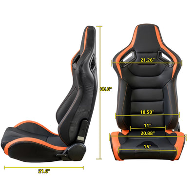 Racing Seats, 2PCS Universal PVC Leather Racing Seats with Dual Lock Sliders, Reclining Design & Front-Back Adjustable Seats (Black&Orange)