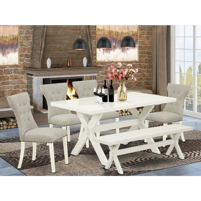 HomeStock Rustic Recluse 6-Piece Kitchen Dinette Set-Doeskin Linen Fabric Seat Parson Dining Room Chairs, A Rectangular Bench And Rectangular Top Kitchen Table - Linen White And Linen White Finish