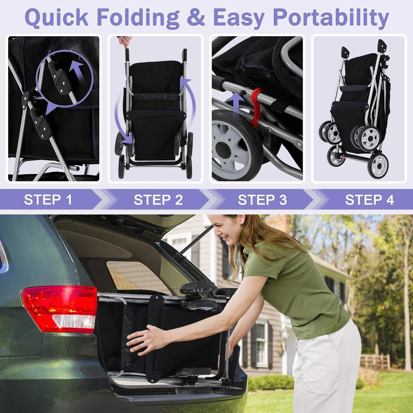 Dog Stroller Folding Pet Stroller 4 Wheels Cat Stroller Foldable Stroller Waterproof Travel Carrier Strolling Cart for Puppy Jogger Stroller W/Cup Holder & Storage Basket, Black