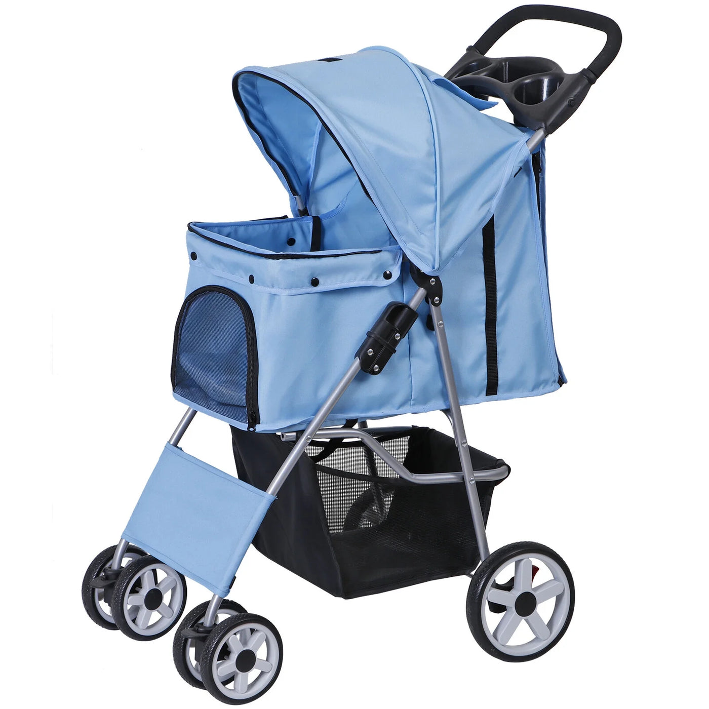 Foldable Carrier Strolling Cart 4 Wheel Pet Stroller for Cat, Dog w/ Cup Holder