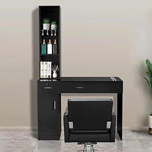 OmySalon Barber Station Wall Mount Salon Hair Styling Beauty Spa Equipment w/ 2 Drawers, 1 Storage Cabinet, 3 Open Shelves (Black)