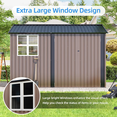 JAXPETY 10 x 10 ft Outdoor Metal Storage Shed with Window & Lockable Door for Garden, Backyard, Tool Storage Use, Brown