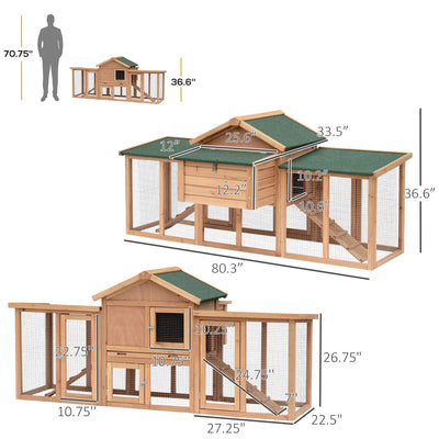 PawHut 80" Chicken Coop, Wooden Outdoor Chicken Cage Poultry Hen House with Nesting Box, Double Runs, Removable Tray, Ramps, for Garden Backyard