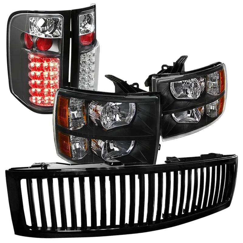 Spec-D Tuning Compatible with 2007-2013 Chevy Silverado 1500 Pickup Crystal Black Headlights+LED Tail Lamps+Black Grille