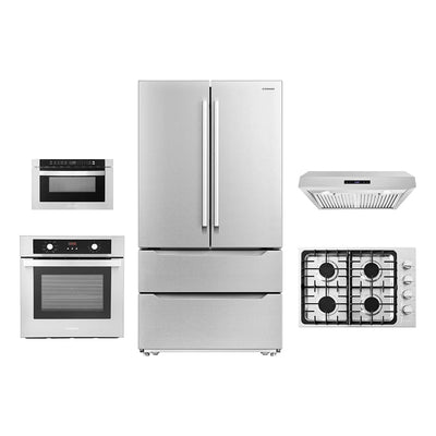 5 Piece Kitchen Package With 36" Gas Cooktop 30" Under Cabinet Range Hood 24" Single Electric Wall Oven 24" Built-In Microwave Drawer & French Door Refrigerator