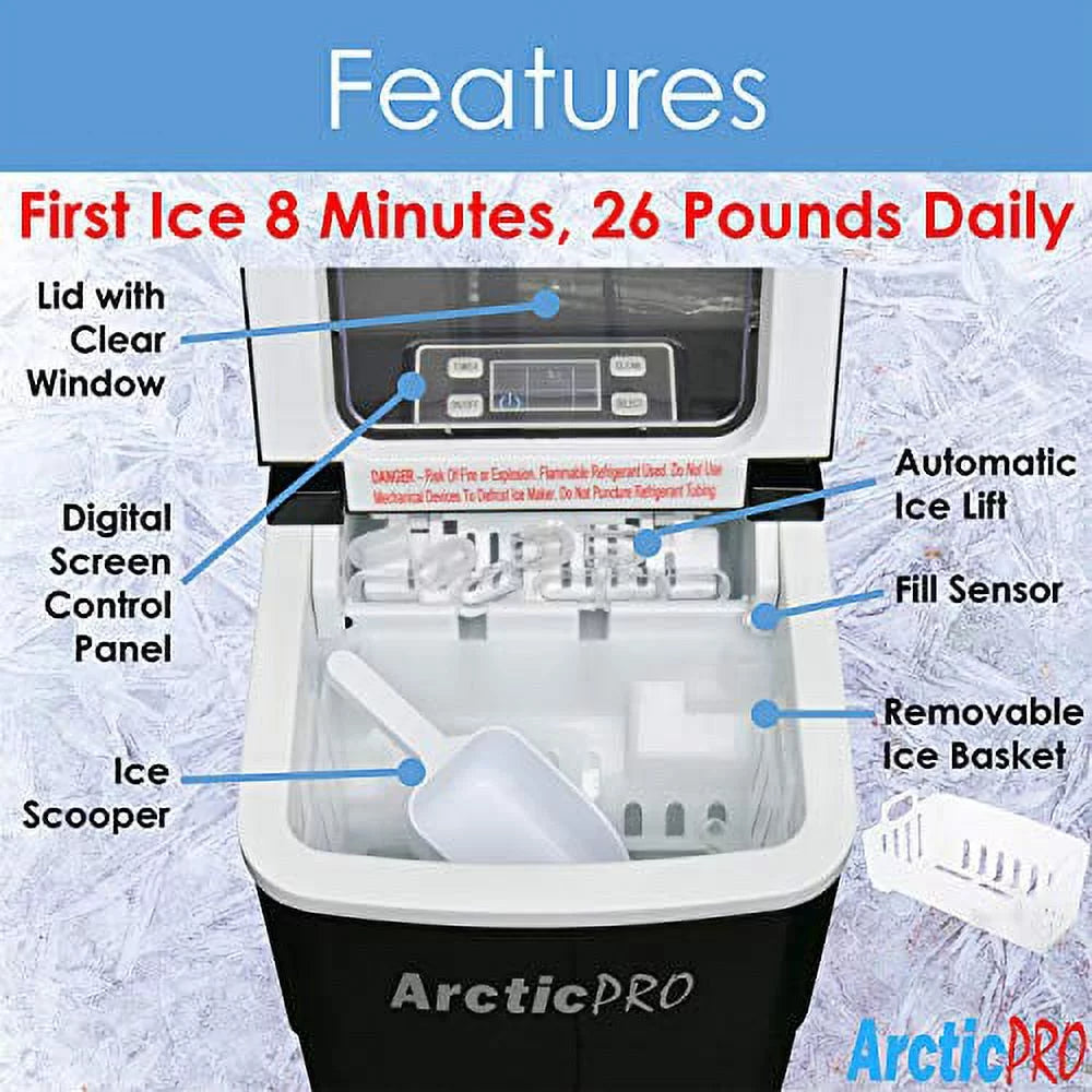 PORTABLE DIGITAL ICE MAKER MACHINE by Arctic-Pro with Ice Scoop, First Ice in 6-8 Minutes, 26 Pounds Daily, Great for Kitchens, Tailgating, Bars, Party, Small/Large Cubes, Black, 11.5x8.7x12.5 Inches