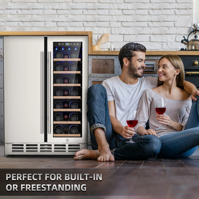 Ecojoy Wine and Beverage Refrigerator, 24 Inch Dual Zone Wine Fridge, Under Counter Wine Cooler Fridge Built-In or Freestanding, Holds 20 Bottles and 57 Cans