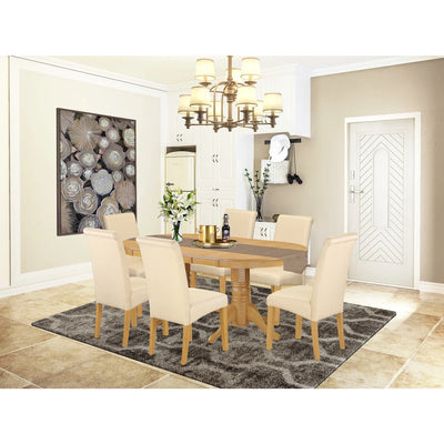 HomeStock Asian Allure 7Pc Oval Dining Room Table With Linen Beige Fabric Parson Chairs With Oak Chair Legs