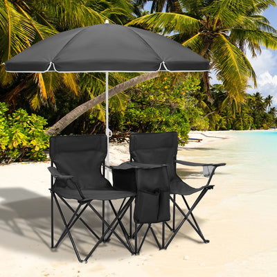 Magshion Portable Double Folding Chair with Removable Umbrella, Cooler Bag & Carry Bag, for Beach Camping Picnic, Black