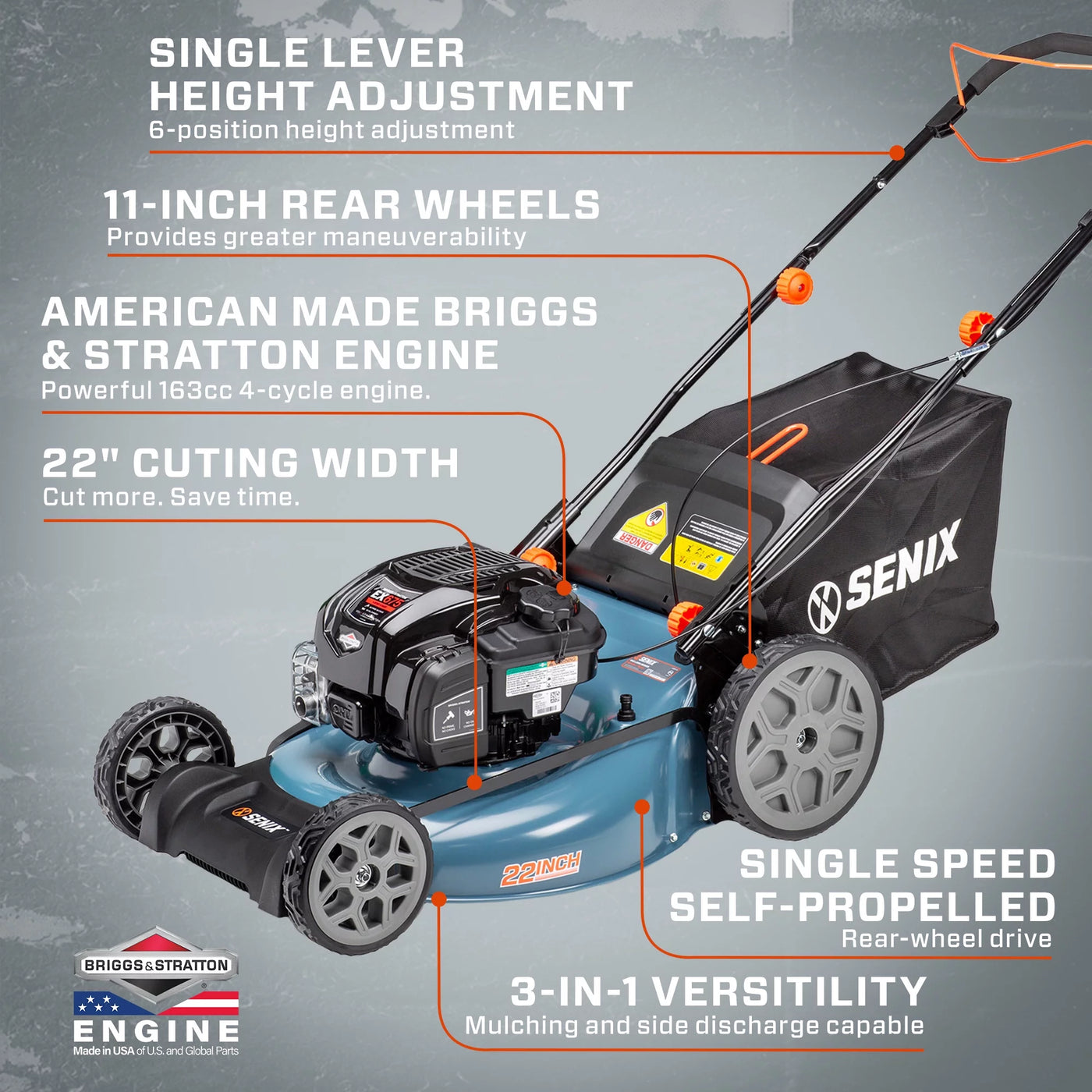 SENIX 22-Inch 163 cc 4-Cycle Gas Powered RWD Self-Propelled Lawn Mower, 3-In-1, 1-Step Start Auto Choke, Single Lever Height Adjustment, 11-In Rear Wheels, LSSG-H1