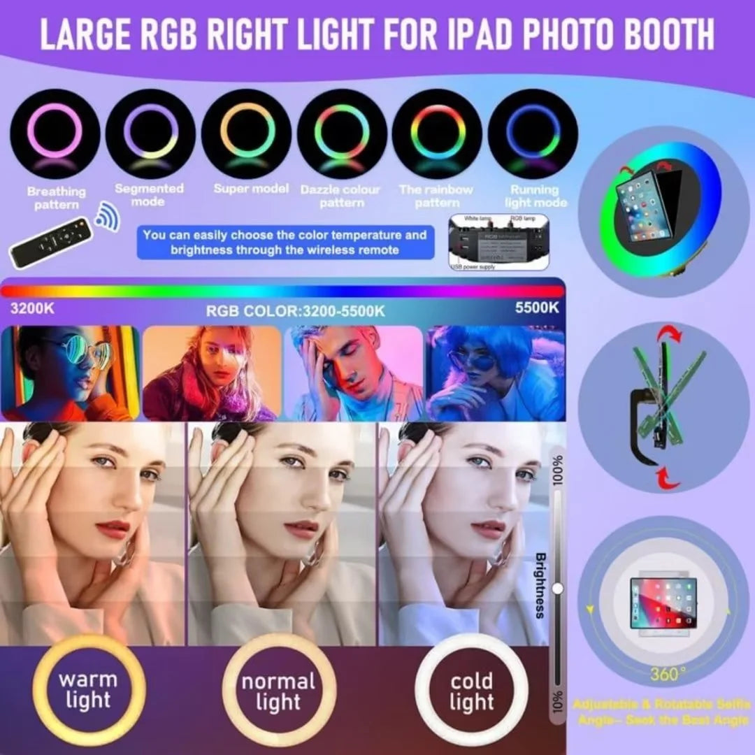 Upgraded White iPad Photo Booth for iPad 10.2'' 10.9'' 11'' 12.9'' Selfie Photo booth Station Machine with RGB Ring Light,Free Custom Logo with Flight Case for Parties Christmas,Wedding Events Rental