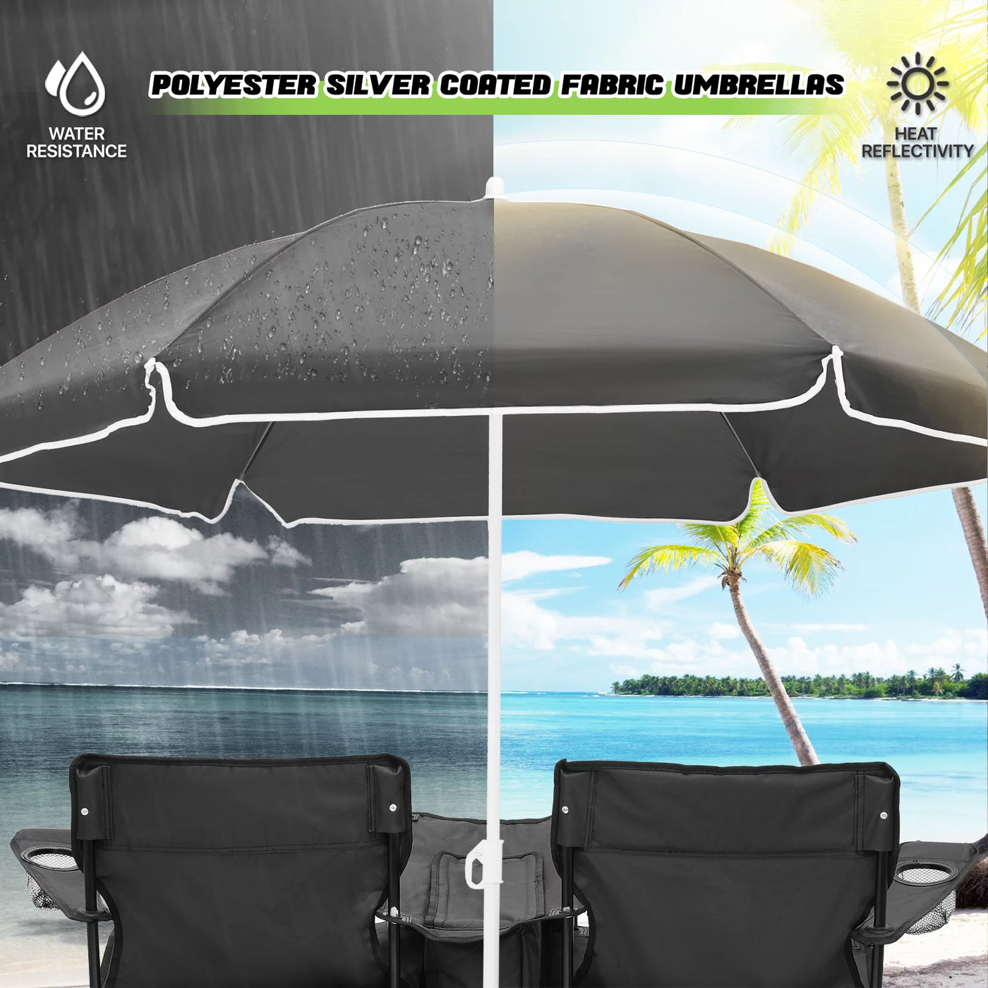 Magshion Portable Double Folding Chair with Removable Umbrella, Cooler Bag & Carry Bag, for Beach Camping Picnic, Black