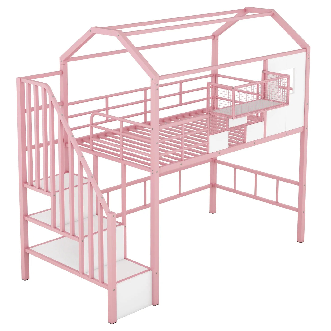 Pink Twin Metal Loft Bed with Unique Roof Design and Convenient Storage Box for Kids‘ Bedroom. Add Charm and Style to Your Child‘s Room with this Space-saving and Chic Furniture Piece.