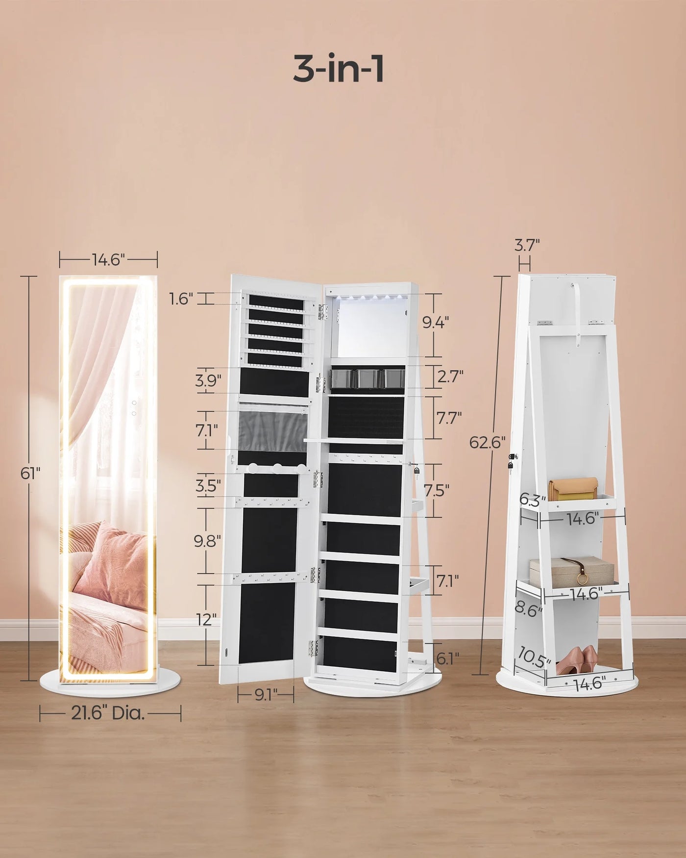 SONGMICS LED Mirror Jewelry Cabinet Standing Jewelry Armoire Organizer Box with Full-Length Mirror and Adjustable LED Lights White