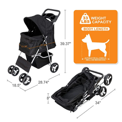 Pet Stroller 4 Wheels Dog Cat Stroller for Small Medium Dog Cats Carrier Jogger Travel Foldable Puppy Stroller with Storage Basket and Cup Holder