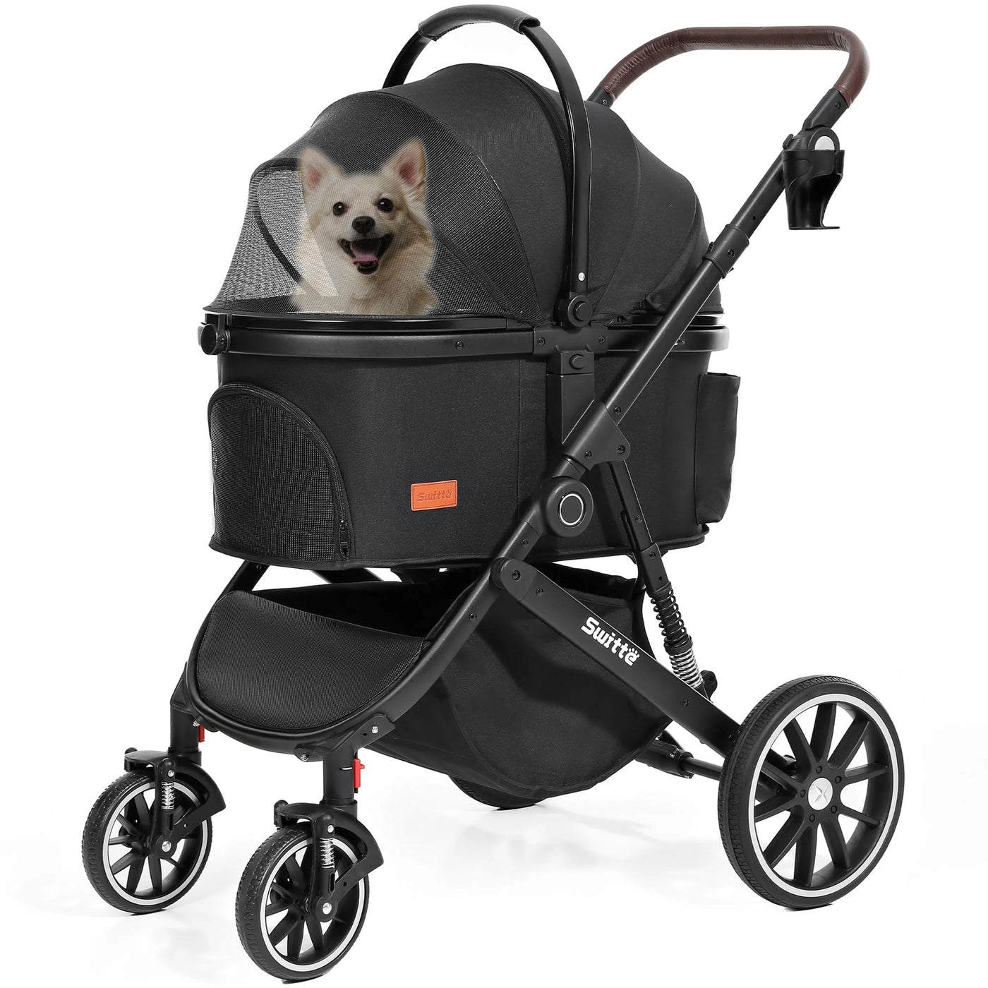 SWITTE Pet Stroller Foldable Dog & Cat Stroller 3-in-1 4 Wheels Travel Jogger, Black