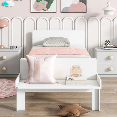 Create a chic and cozy bedroom look with this stylish and elegant white twin bed featuring a footboard bench for added comfort - perfect for enhancing the style and comfort of your bedroo