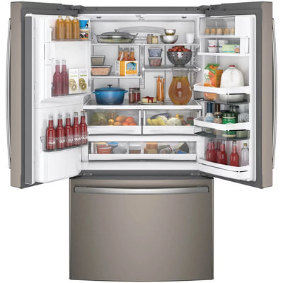 PFE28KMKES 36 Energy Star ADA Compliant French Door Refrigerator with 27.8 cu. ft. Capacity TwinChill Evaporator Water and Ice Dispenser and Drop Down Tray: Slate